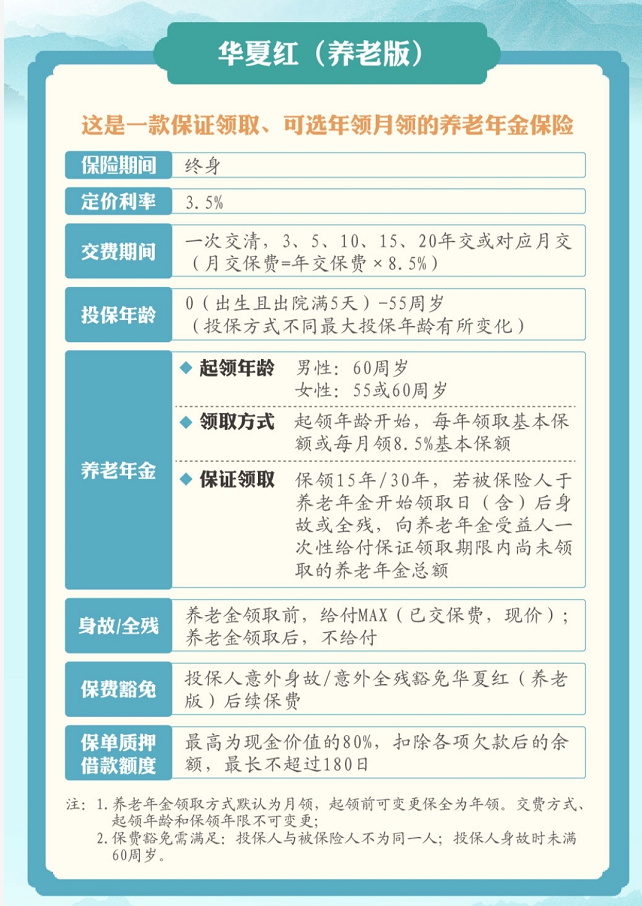 华夏人寿华夏红养老版养老年金保险（保证领取30年的养老年金保险）